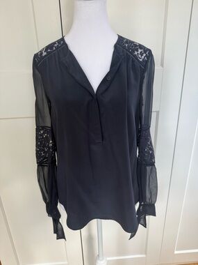Rebecca Taylor Black Lace Yoke Sheer Long-Sleeve Blouse